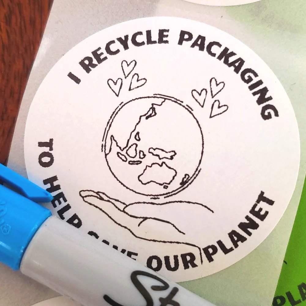 3/$15 50 RECYCLE PACKAGING STICKERS LARGE ROUND TWO INCH BLUE GREEN WHITE